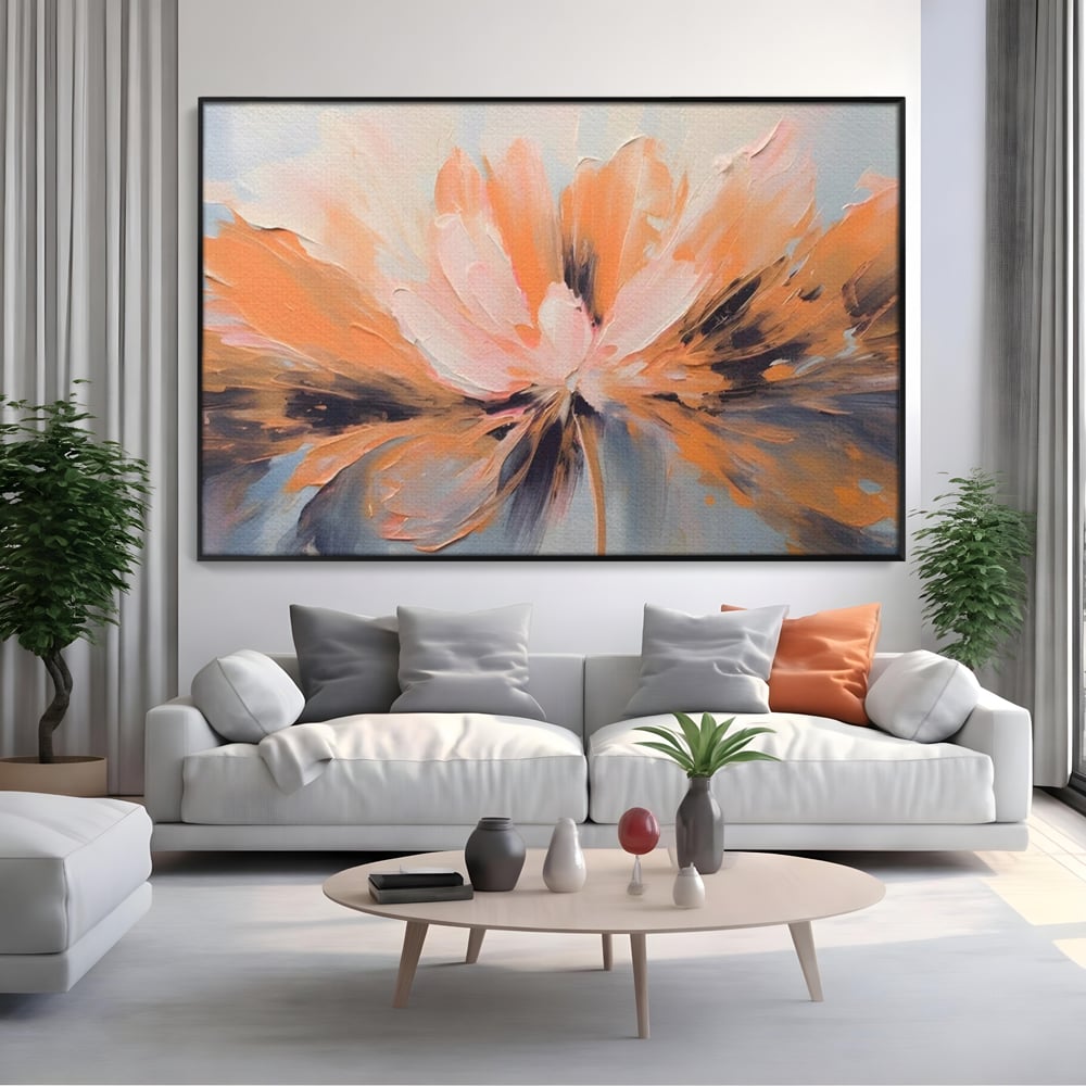 Tablou canvas cu tablou canvas cu floare abstracta, in rama de aluminiu negru, pe perete intr-un living
